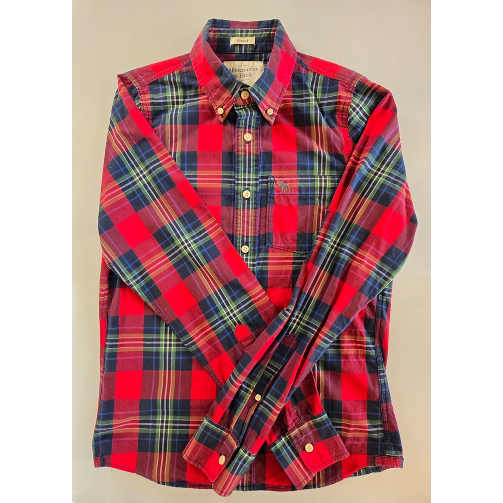 Abercrombie & Fitch Mens Muscle Fit Plaid Button Down Shirt Red Blue Small S